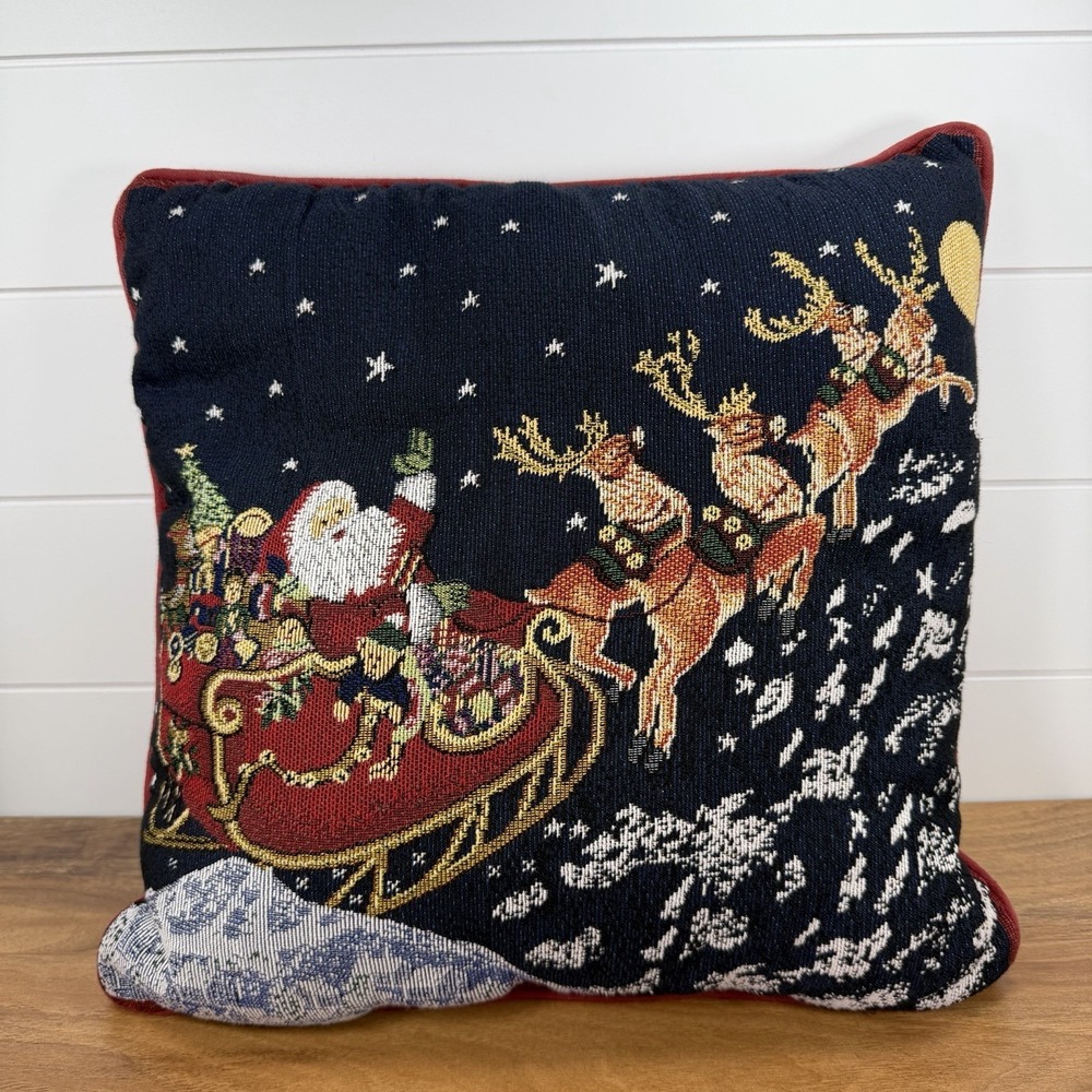 Vintage Christmas‎ Pillow Santa Sleigh Reindeer Cross Stitch Cottagecore Granny
